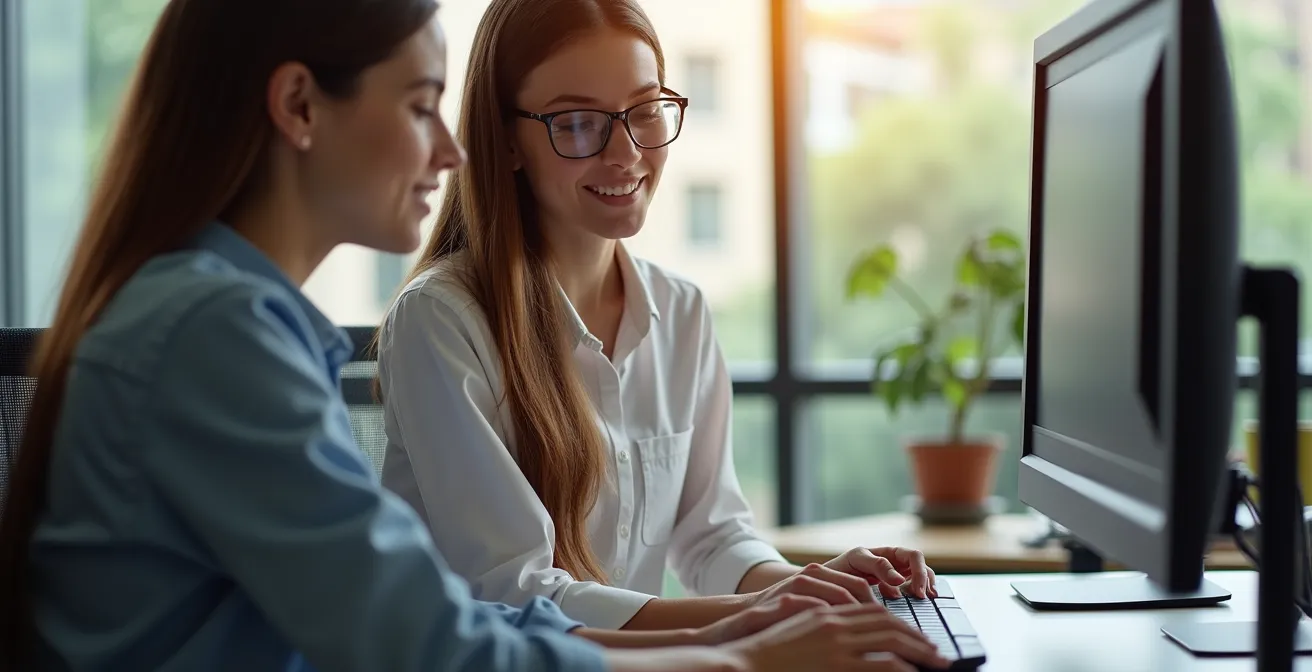 Axe Humain & Émotionnel : Expert ergonome observant et échangeant avec un salarié sur son poste de travail